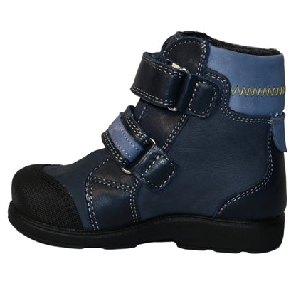 Szamos Kids Boys’ Genuine Leather Orthopedic Boots – Arch Support Shoes with Corrective Support for Flat Feet & Overpronation, Stable Ankle Support, Faux Fur Lining, Adjustable Straps, Navy Blue with Lion Designs