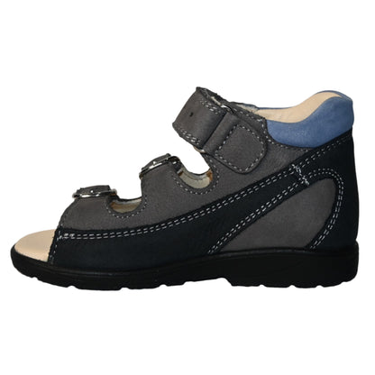 Szamos Kids Boys’ Genuine Leather Orthopedic Corrective Sandals – Arch Support Shoes, Ankle Support, for Flat Feet & Overpronation with Adjustable Hook & Loop Straps, Navy/Light Blue/Gray with Red Racing Car Design
