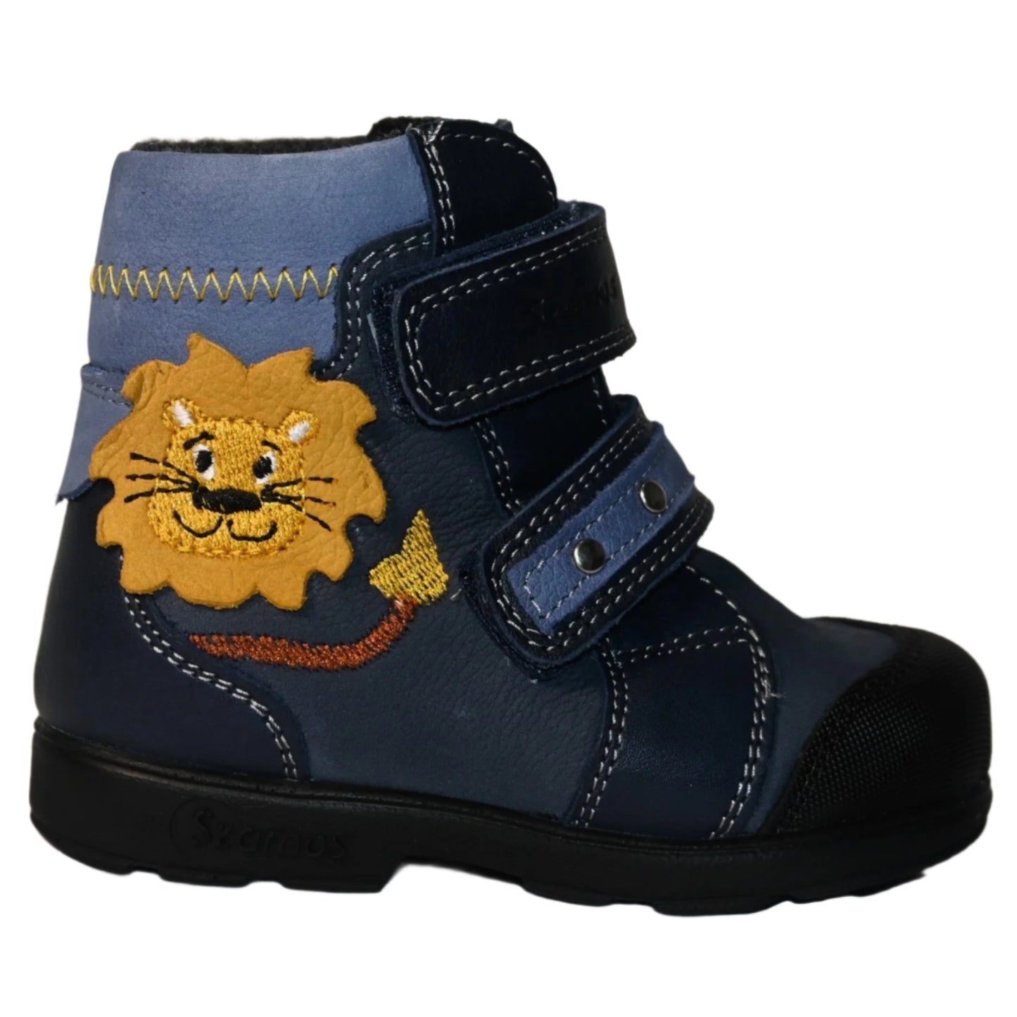 Szamos Kids Boys’ Genuine Leather Orthopedic Boots – Arch Support Shoes with Corrective Support for Flat Feet & Overpronation, Stable Ankle Support, Faux Fur Lining, Adjustable Straps, Navy Blue with Lion Designs