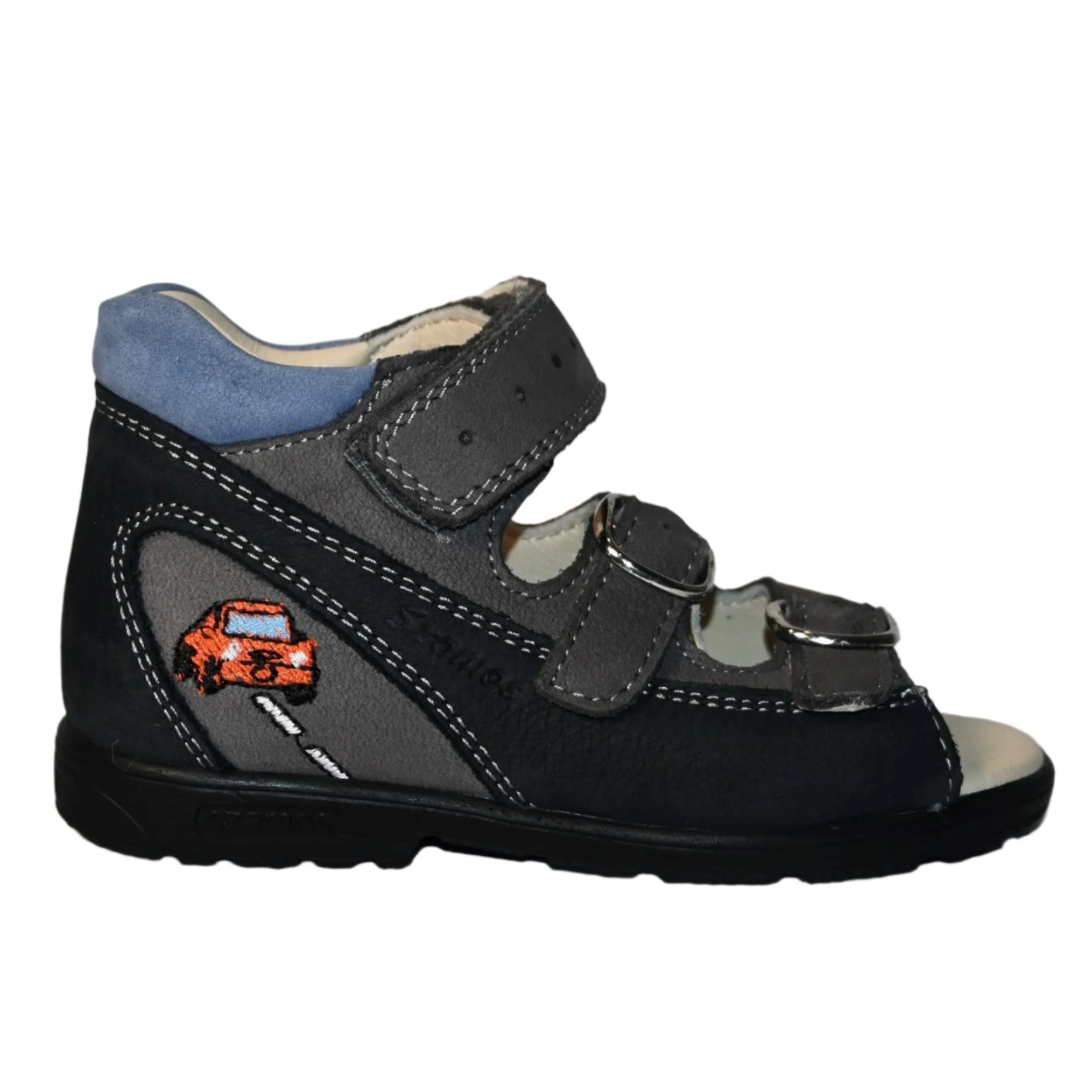 Szamos Kids Boys’ Genuine Leather Orthopedic Corrective Sandals – Arch Support Shoes, Ankle Support, for Flat Feet & Overpronation with Adjustable Hook & Loop Straps, Navy/Light Blue/Gray with Red Racing Car Design