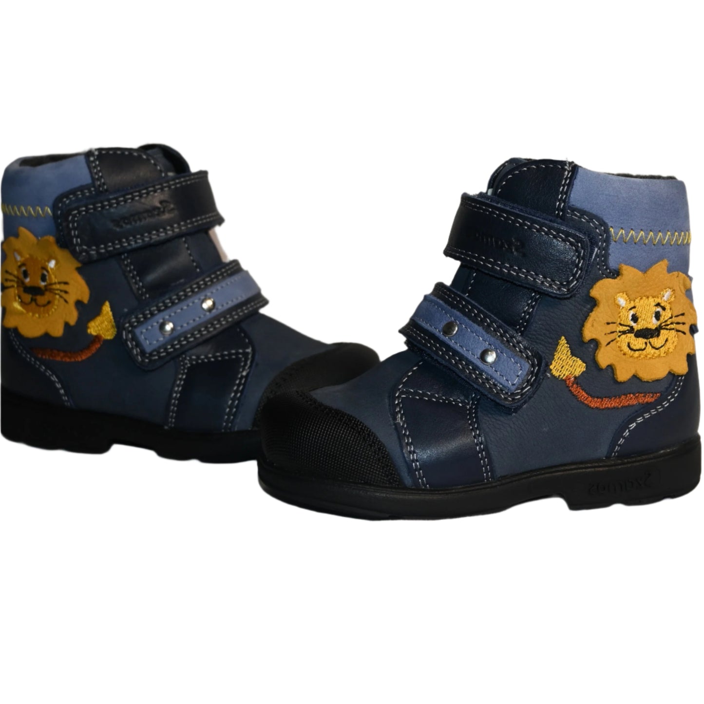 Szamos Kids Boys’ Genuine Leather Orthopedic Boots – Arch Support Shoes with Corrective Support for Flat Feet & Overpronation, Stable Ankle Support, Faux Fur Lining, Adjustable Straps, Navy Blue with Lion Designs