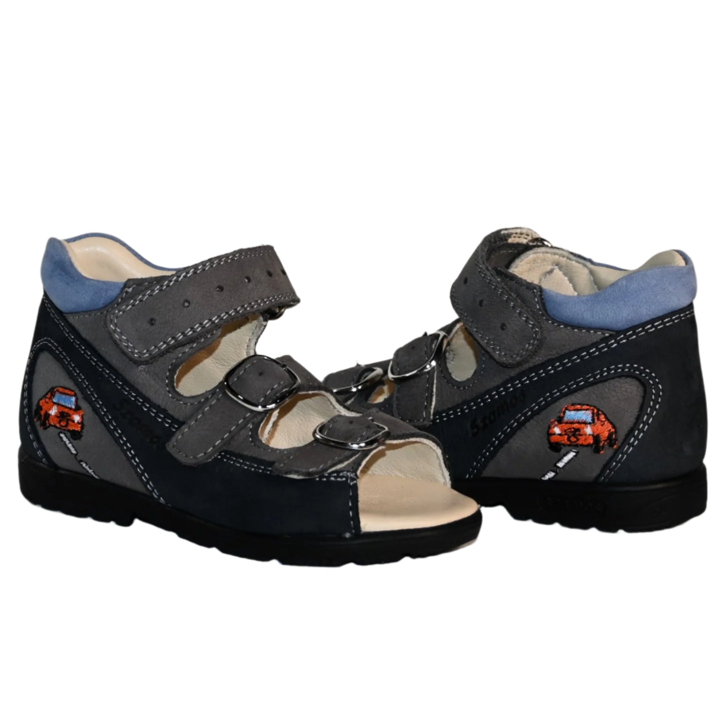 Szamos Kids Boys’ Genuine Leather Orthopedic Corrective Sandals – Arch Support Shoes, Ankle Support, for Flat Feet & Overpronation with Adjustable Hook & Loop Straps, Navy/Light Blue/Gray with Red Racing Car Design