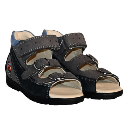 Szamos Kids Boys’ Genuine Leather Orthopedic Corrective Sandals – Arch Support Shoes, Ankle Support, for Flat Feet & Overpronation with Adjustable Hook & Loop Straps, Navy/Light Blue/Gray with Red Racing Car Design