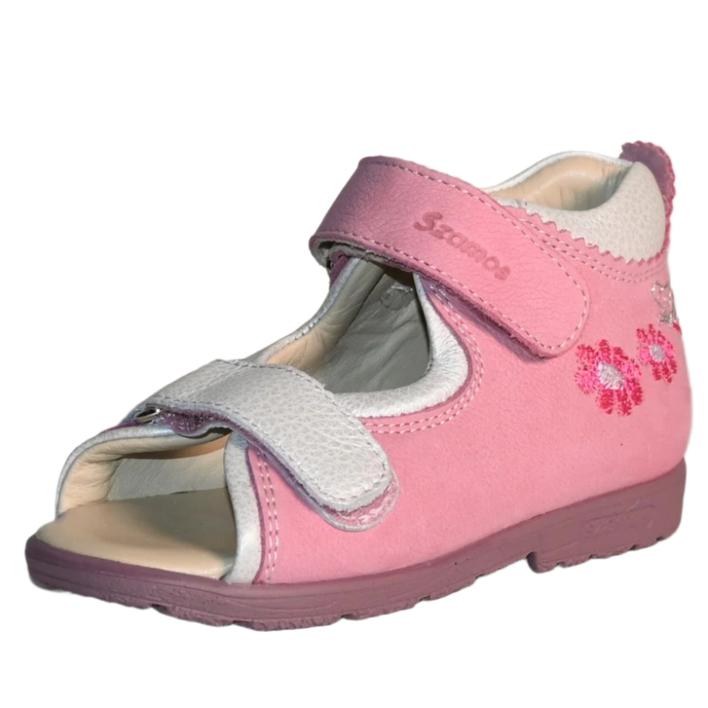 Szamos Kids Girls’ Genuine Leather Orthopedic Corrective Sandals – Arch Support Shoes for Flat Feet & Overpronation with Adjustable Hook-and-Loop Straps, Pink/White with Flowers & Butterfly Design