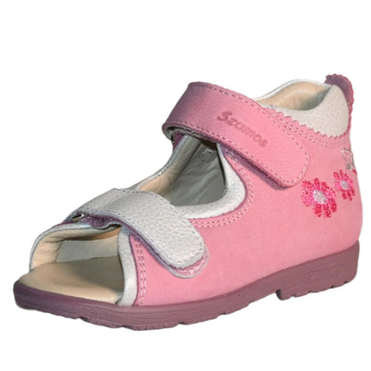 Szamos Kids Girls’ Genuine Leather Orthopedic Corrective Sandals – Arch Support Shoes for Flat Feet & Overpronation with Adjustable Hook-and-Loop Straps, Pink/White with Flowers & Butterfly Design