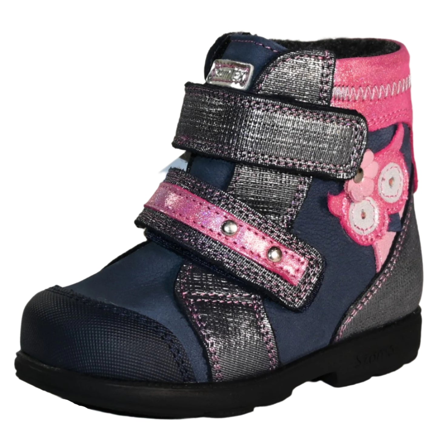 Szamos Kids Girls’ Genuine Leather Orthopedic Boots – Arch Support Shoes for Flat Feet & Overpronation, with Ankle Support, Faux Fur Lining, Adjustable Straps, Navy Blue/Pink/Gray Glitter Owl Design