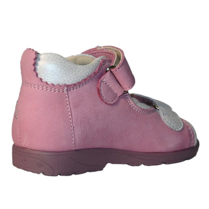 Szamos Kids Girls’ Genuine Leather Orthopedic Corrective Sandals – Arch Support Shoes for Flat Feet & Overpronation with Adjustable Hook-and-Loop Straps, Pink/White with Flowers & Butterfly Design