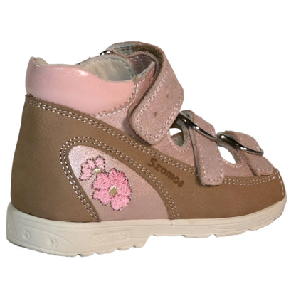 Szamos Kids Girls’ Genuine Leather Orthopedic Corrective Sandals – Arch Support Shoes for Flat Feet & Overpronation with Adjustable Hook-and-Loop Straps, Pink Metallic Floral