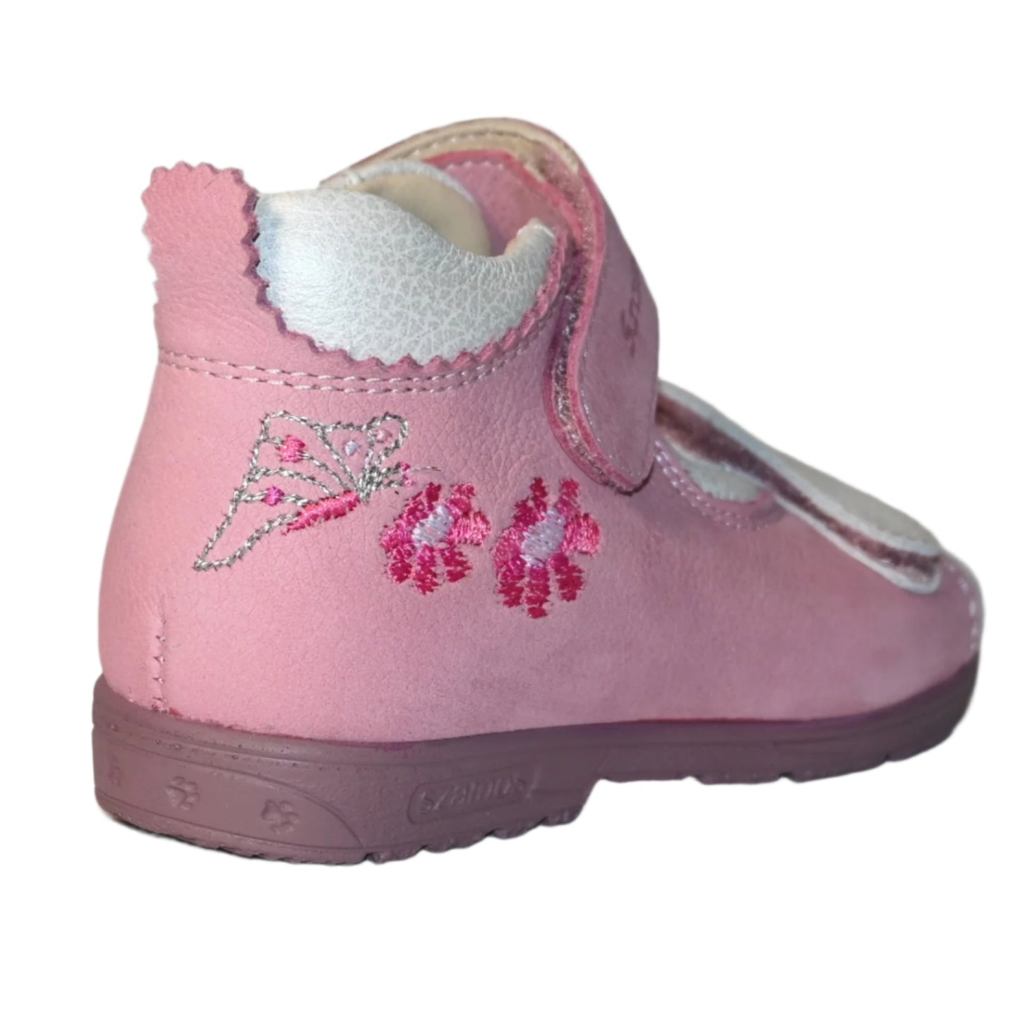 Szamos Kids Girls’ Genuine Leather Orthopedic Corrective Sandals – Arch Support Shoes for Flat Feet & Overpronation with Adjustable Hook-and-Loop Straps, Pink/White with Flowers & Butterfly Design