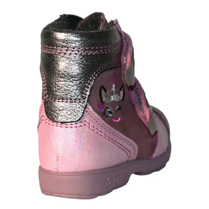 Szamos Kids Girls’ Genuine Leather Orthopedic Boots – Arch Support Shoes with Corrective Support for Flat Feet & Overpronation, Stable Ankle Support, Adjustable Straps, Pink Glitter Unicorn Design