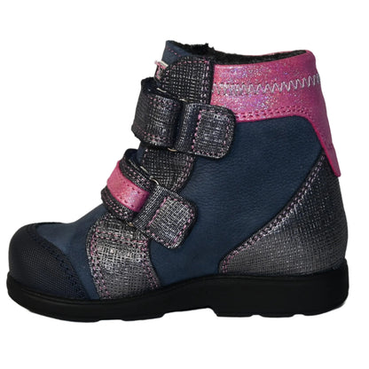 Szamos Kids Girls’ Genuine Leather Orthopedic Boots – Arch Support Shoes for Flat Feet & Overpronation, with Ankle Support, Faux Fur Lining, Adjustable Straps, Navy Blue/Pink/Gray Glitter Owl Design