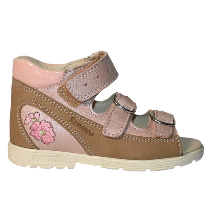 Szamos Kids Girls’ Genuine Leather Orthopedic Corrective Sandals – Arch Support Shoes for Flat Feet & Overpronation with Adjustable Hook-and-Loop Straps, Pink Metallic Floral