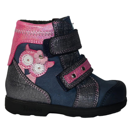 Szamos Kids Girls’ Genuine Leather Orthopedic Boots – Arch Support Shoes for Flat Feet & Overpronation, with Ankle Support, Faux Fur Lining, Adjustable Straps, Navy Blue/Pink/Gray Glitter Owl Design
