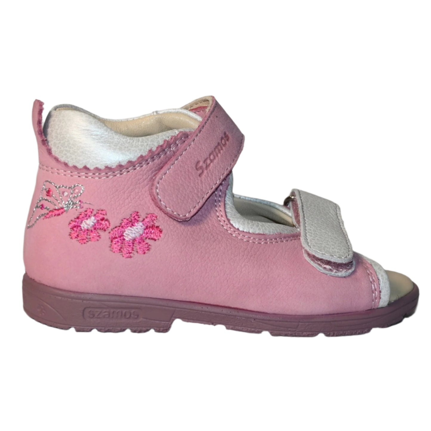 Szamos Kids Girls’ Genuine Leather Orthopedic Corrective Sandals – Arch Support Shoes for Flat Feet & Overpronation with Adjustable Hook-and-Loop Straps, Pink/White with Flowers & Butterfly Design