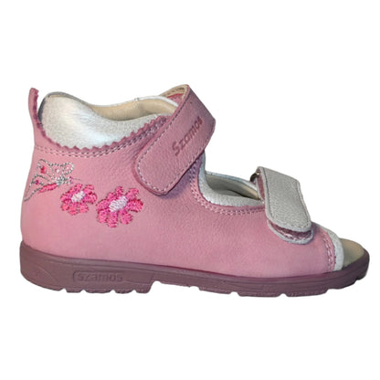 Szamos Kids Girls’ Genuine Leather Orthopedic Corrective Sandals – Arch Support Shoes for Flat Feet & Overpronation with Adjustable Hook-and-Loop Straps, Pink/White with Flowers & Butterfly Design