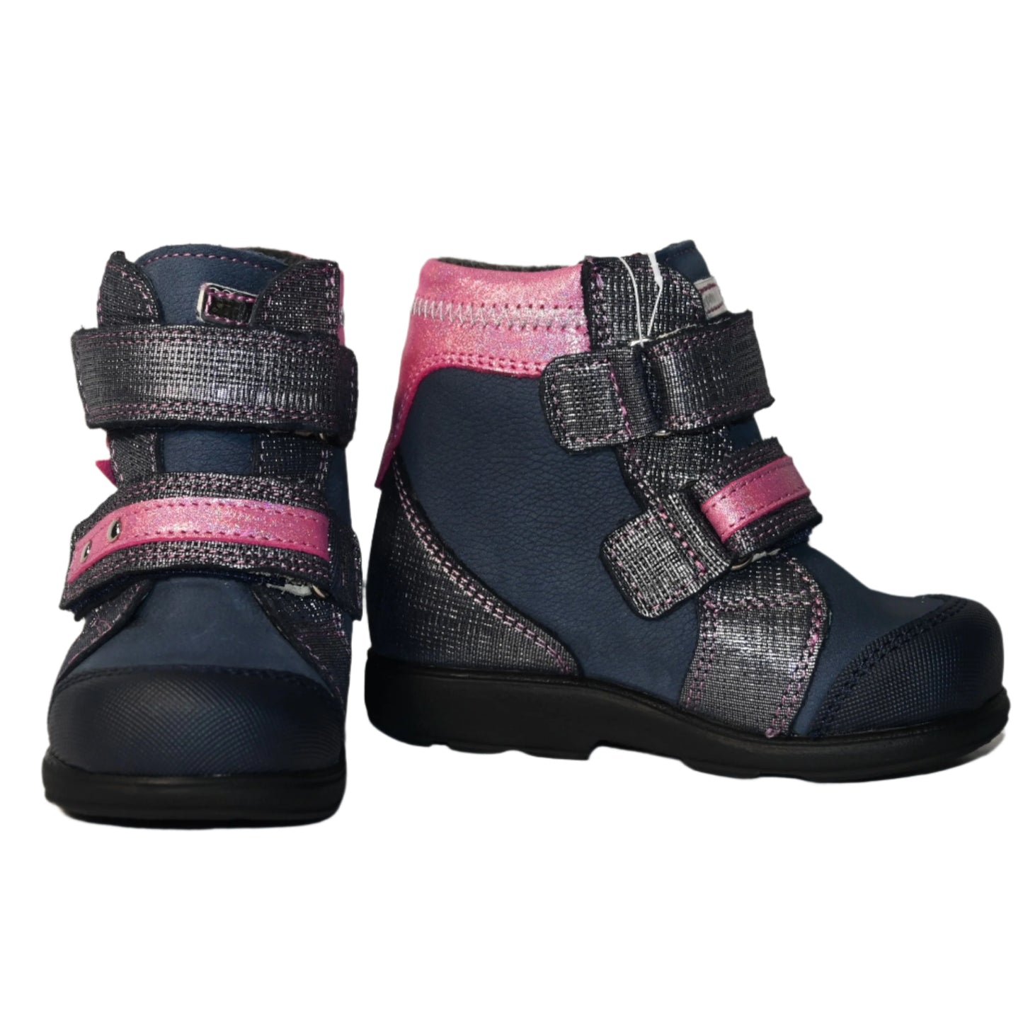 Szamos Kids Girls’ Genuine Leather Orthopedic Boots – Arch Support Shoes for Flat Feet & Overpronation, with Ankle Support, Faux Fur Lining, Adjustable Straps, Navy Blue/Pink/Gray Glitter Owl Design