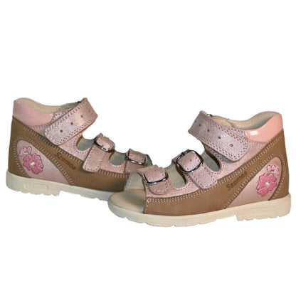 Szamos Kids Girls’ Genuine Leather Orthopedic Corrective Sandals – Arch Support Shoes for Flat Feet & Overpronation with Adjustable Hook-and-Loop Straps, Pink Metallic Floral