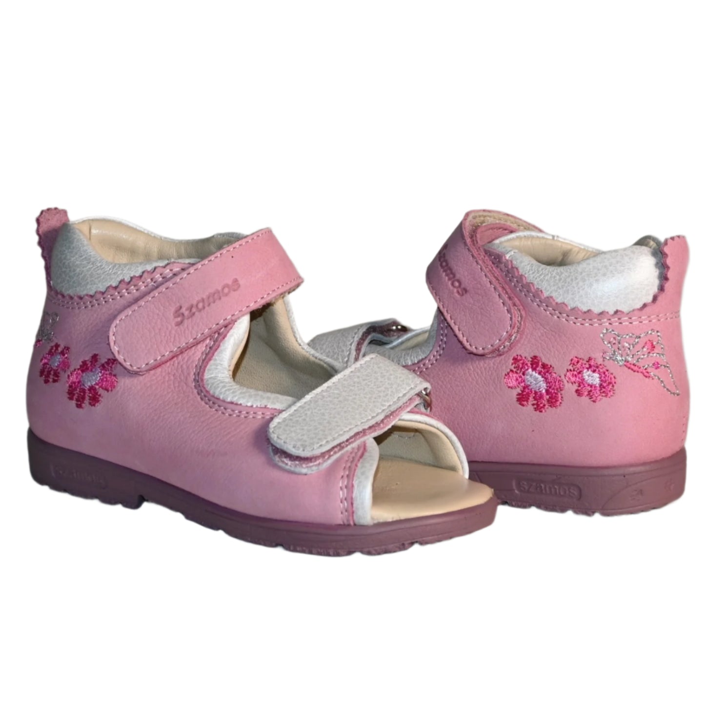 Szamos Kids Girls’ Genuine Leather Orthopedic Corrective Sandals – Arch Support Shoes for Flat Feet & Overpronation with Adjustable Hook-and-Loop Straps, Pink/White with Flowers & Butterfly Design
