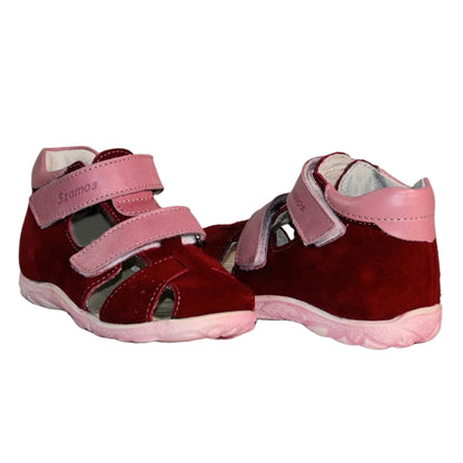 Szamos Kids Boys' Genuine Leather Closed-Toe Sandals – Burgundy and Pink with Ergonomic Supportive Sole and Easy Hook-and-Loop Closure