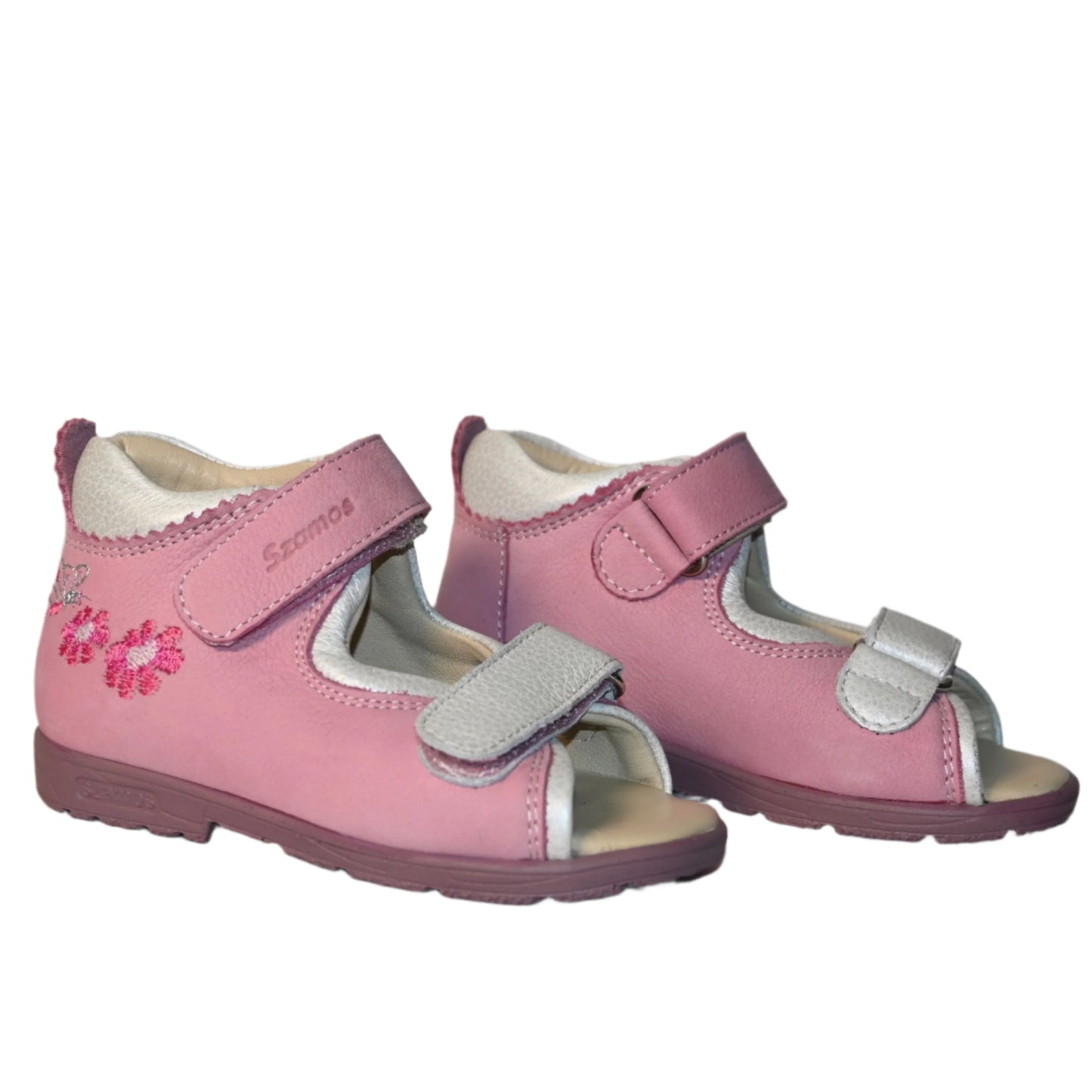 Szamos Kids Girls’ Genuine Leather Orthopedic Corrective Sandals – Arch Support Shoes for Flat Feet & Overpronation with Adjustable Hook-and-Loop Straps, Pink/White with Flowers & Butterfly Design