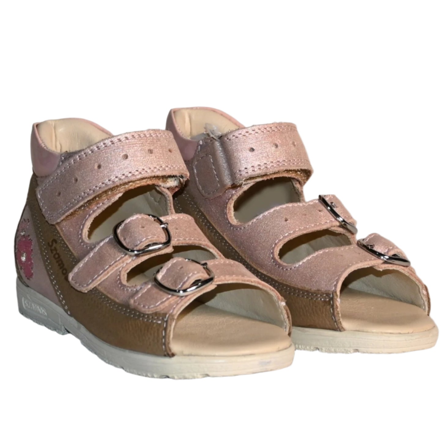 Szamos Kids Girls’ Genuine Leather Orthopedic Corrective Sandals – Arch Support Shoes for Flat Feet & Overpronation with Adjustable Hook-and-Loop Straps, Pink Metallic Floral