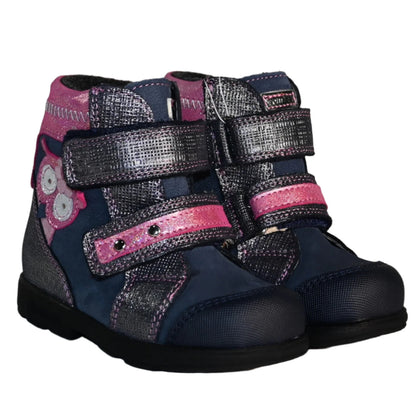 Szamos Kids Girls’ Genuine Leather Orthopedic Boots – Arch Support Shoes for Flat Feet & Overpronation, with Ankle Support, Faux Fur Lining, Adjustable Straps, Navy Blue/Pink/Gray Glitter Owl Design